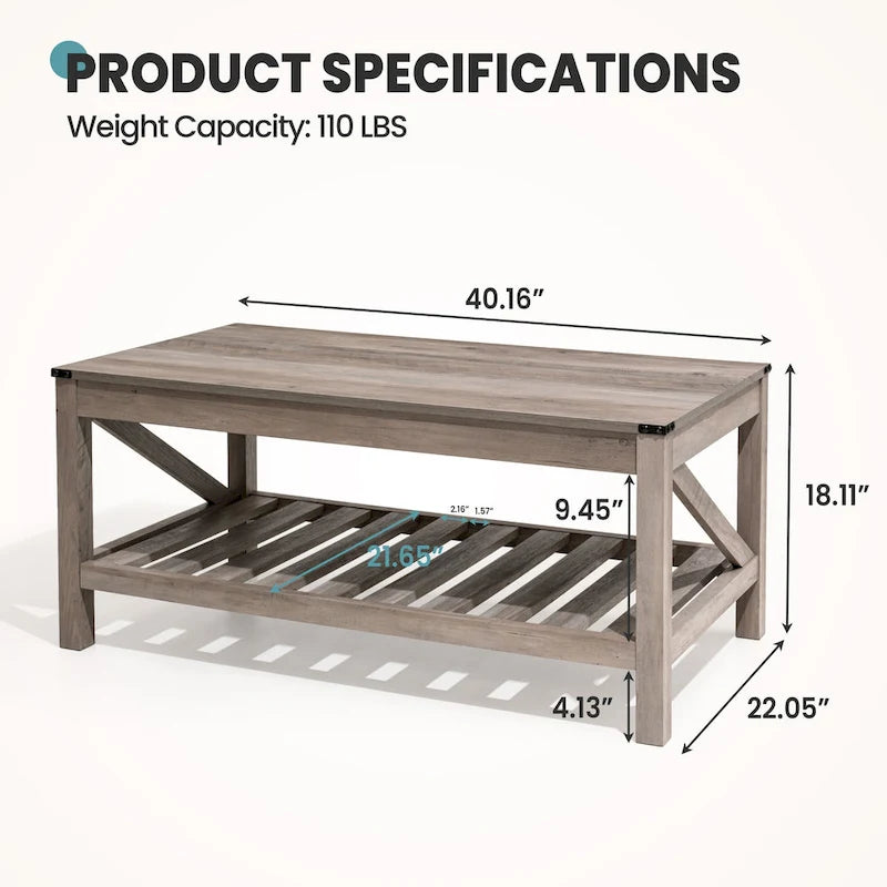 Living Room Coffee Table with Storage Shelf, Sofa Center Table - 40.16 W x 22.05 D x 18.11 H