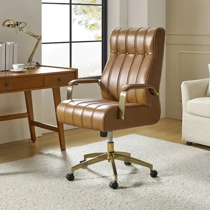 Curtiz Mid-Century Modern Vegan Leather Swivel Tilting Office Chair with Channel Tufted and Metal Feet