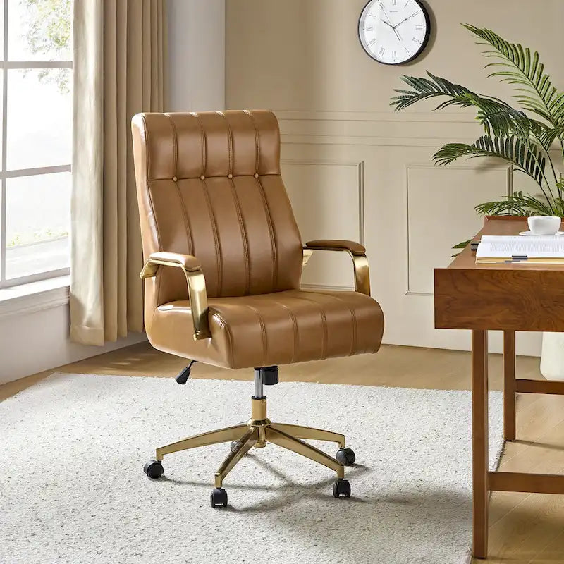 Curtiz Mid-Century Modern Vegan Leather Swivel Tilting Office Chair with Channel Tufted and Metal Feet