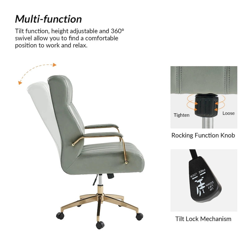 Curtiz Mid-Century Modern Vegan Leather Swivel Tilting Office Chair with Channel Tufted and Metal Feet
