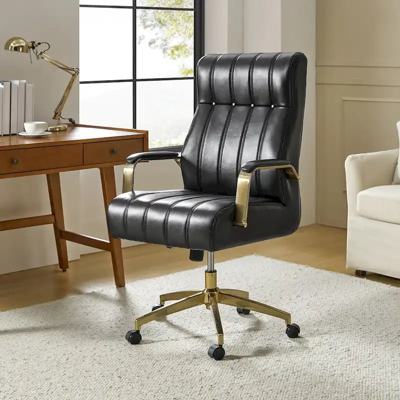 Curtiz Mid-Century Modern Vegan Leather Swivel Tilting Office Chair with Channel Tufted and Metal Feet