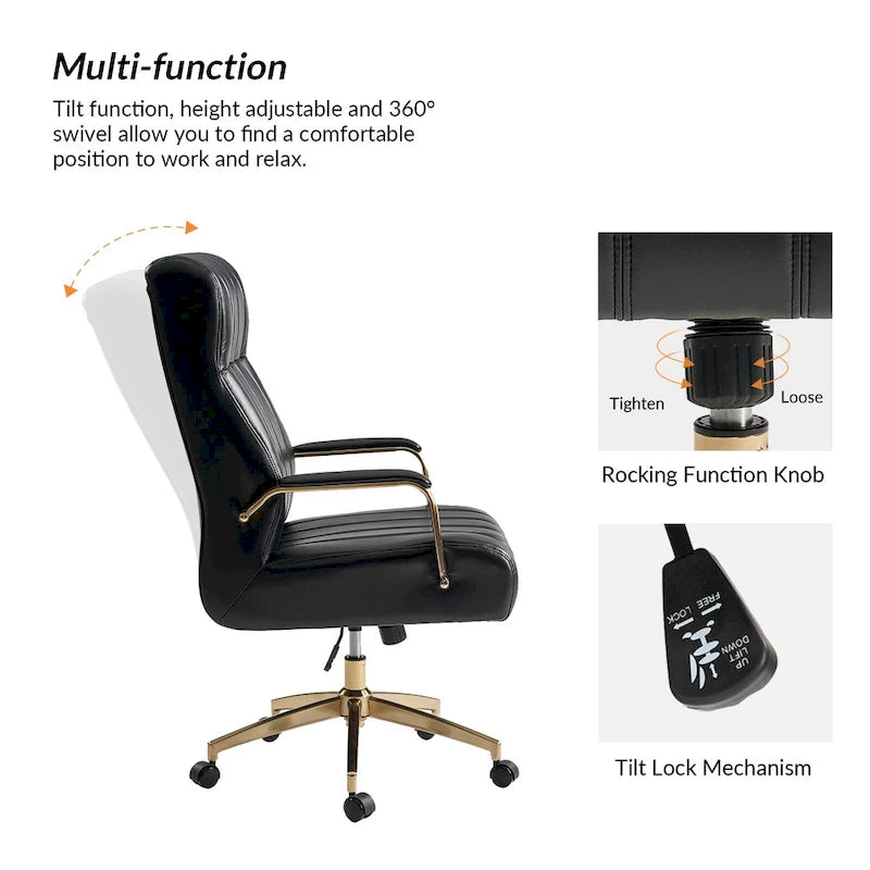 Curtiz Mid-Century Modern Vegan Leather Swivel Tilting Office Chair with Channel Tufted and Metal Feet