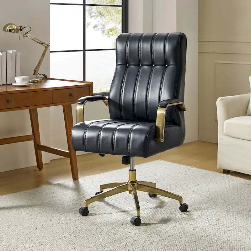 Curtiz Mid-Century Modern Vegan Leather Swivel Tilting Office Chair with Channel Tufted and Metal Feet