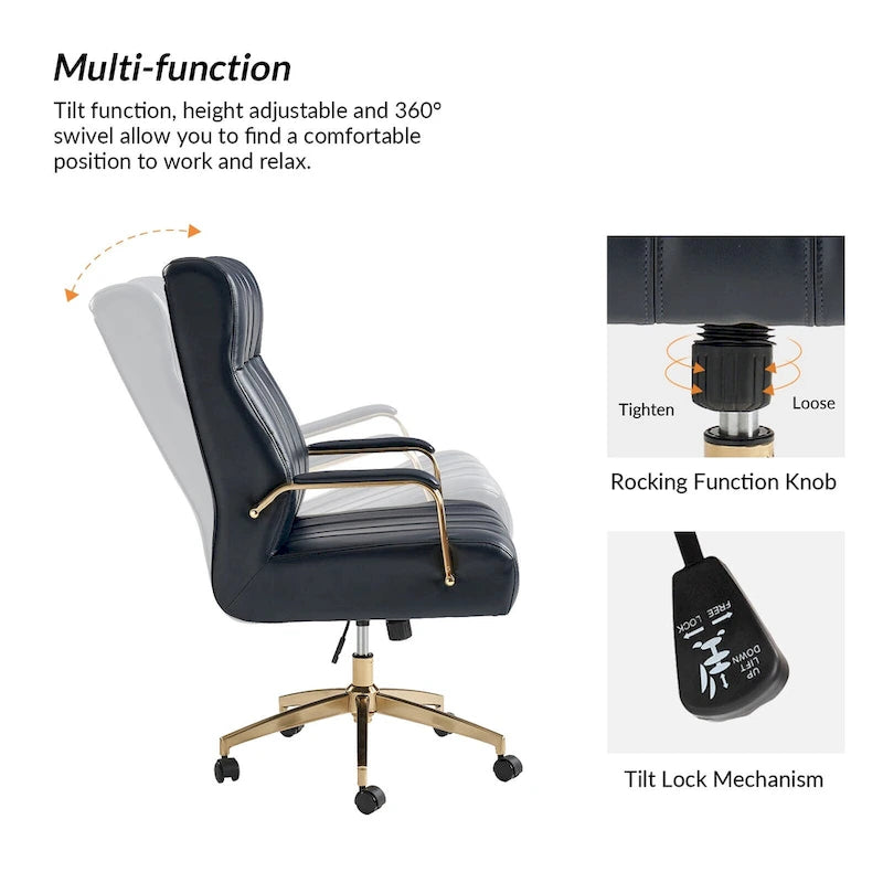 Curtiz Mid-Century Modern Vegan Leather Swivel Tilting Office Chair with Channel Tufted and Metal Feet
