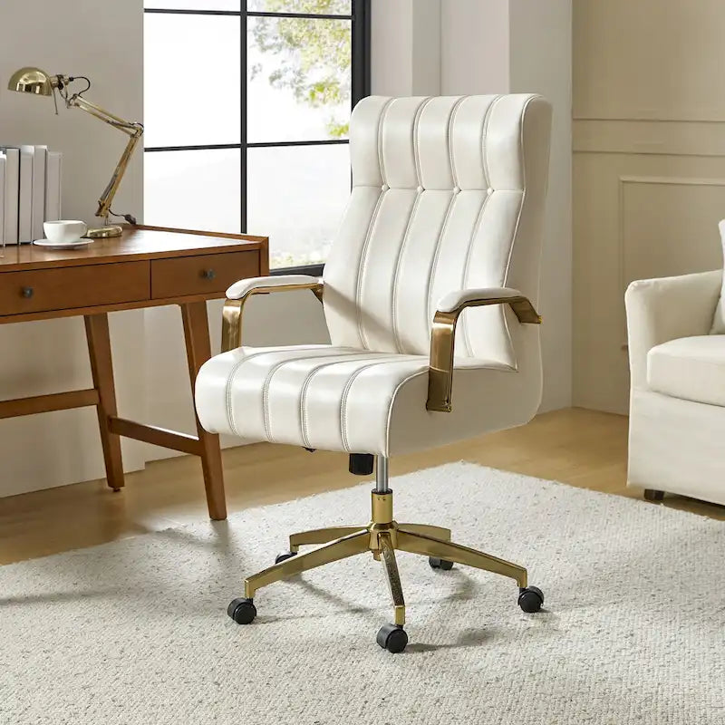 Curtiz Mid-Century Modern Vegan Leather Swivel Tilting Office Chair with Channel Tufted and Metal Feet