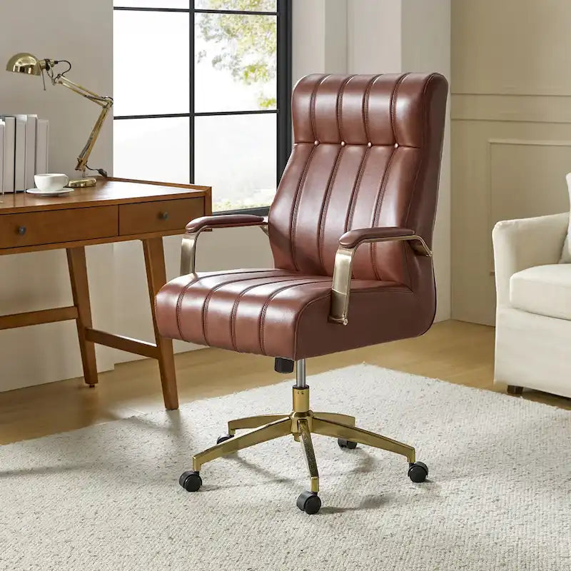 Curtiz Mid-Century Modern Vegan Leather Swivel Tilting Office Chair with Channel Tufted and Metal Feet