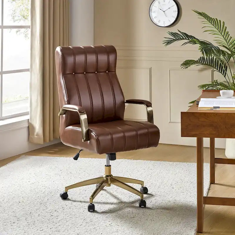 Curtiz Mid-Century Modern Vegan Leather Swivel Tilting Office Chair with Channel Tufted and Metal Feet