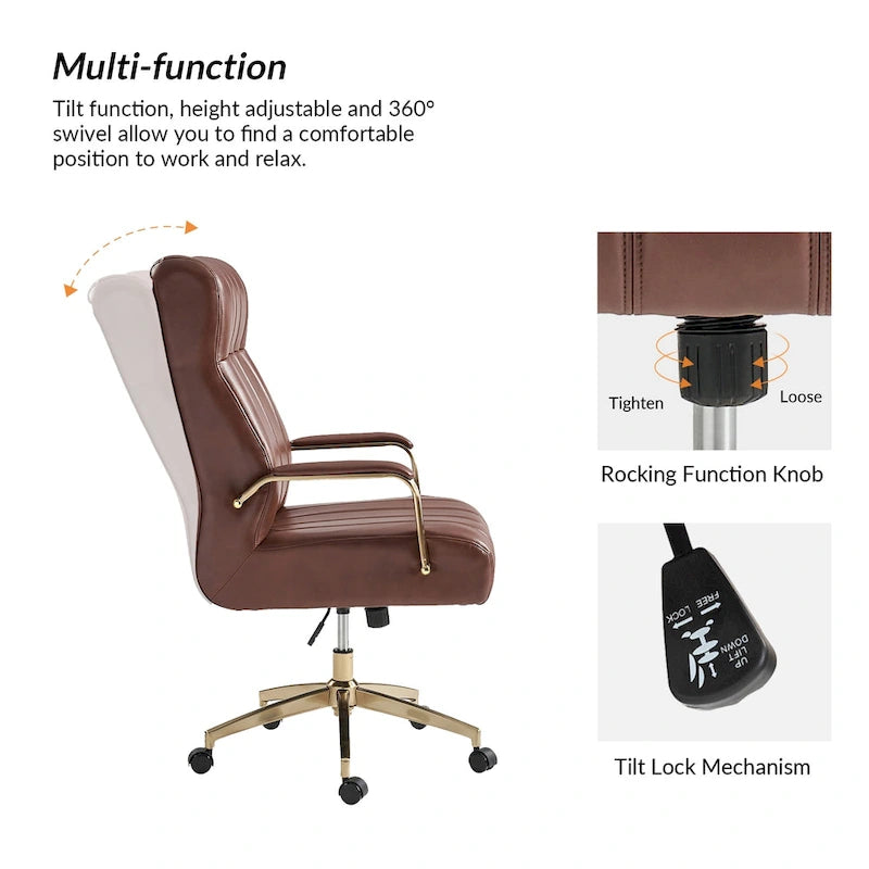 Curtiz Mid-Century Modern Vegan Leather Swivel Tilting Office Chair with Channel Tufted and Metal Feet