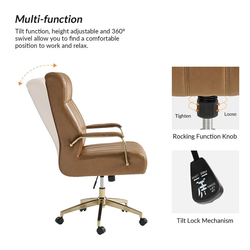 Curtiz Mid-Century Modern Vegan Leather Swivel Tilting Office Chair with Channel Tufted and Metal Feet