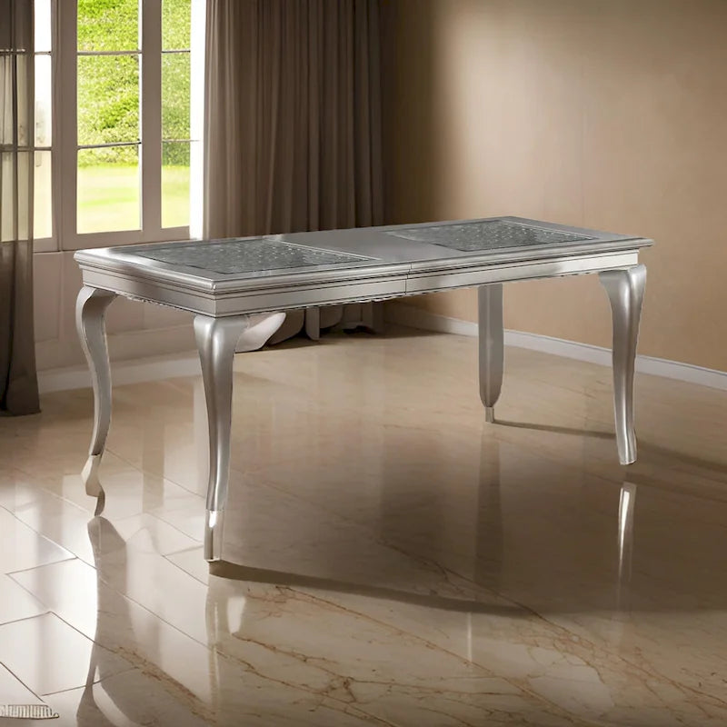 Reme 66-84 Inch Dining Table, 6 Seater Extendable, Glass Silver Wood