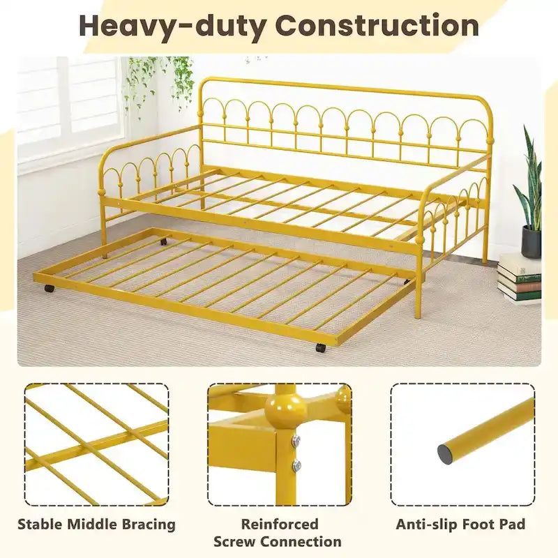 Twin Size Metal Daybed w/Trundle Sofa Bed Lockable Wheels